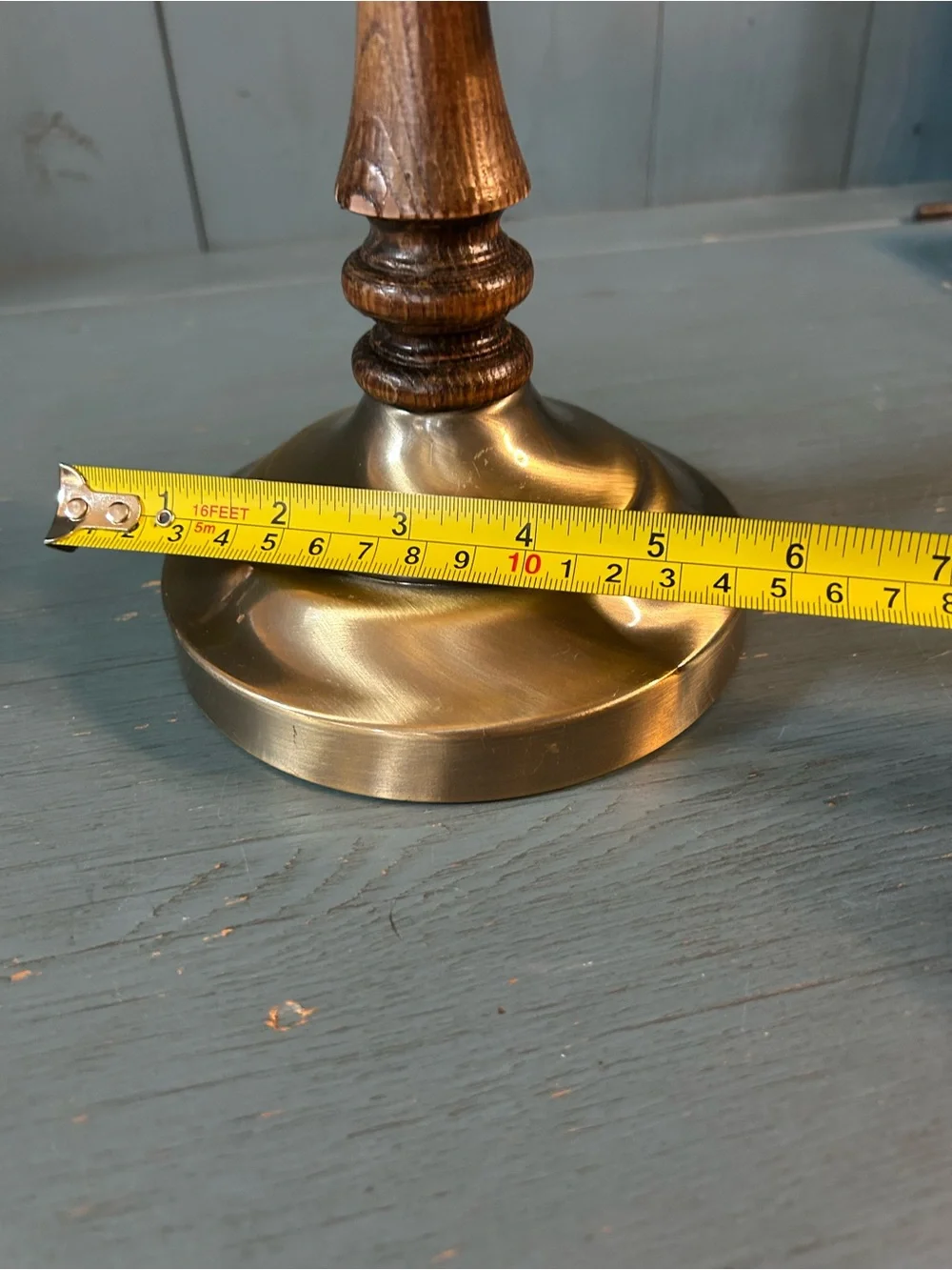 Vintage “Brite Metal” Brass & Wood Table Candle Lamp - Amber Glass Chimney